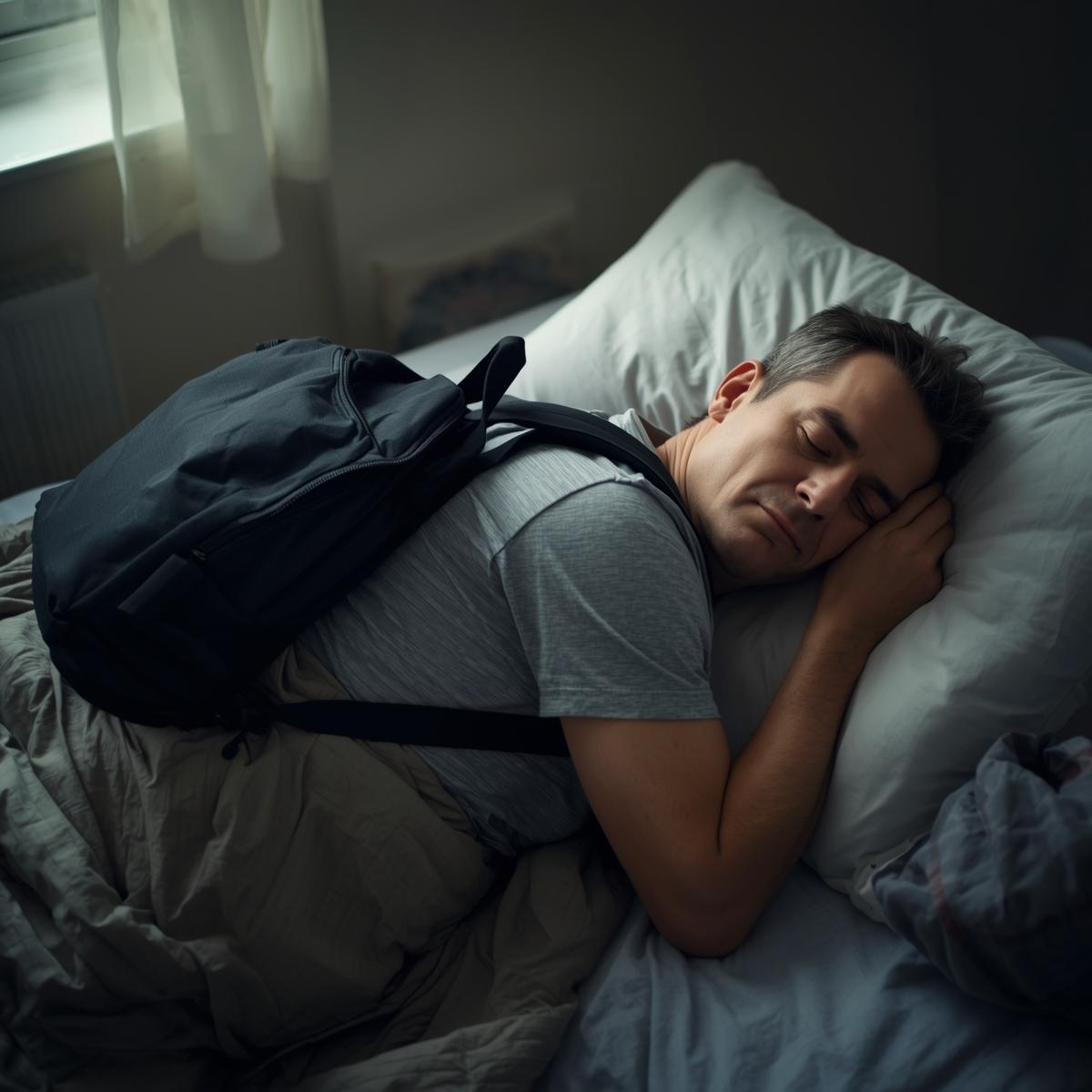 An exhausted sleeper weighed down in bed.