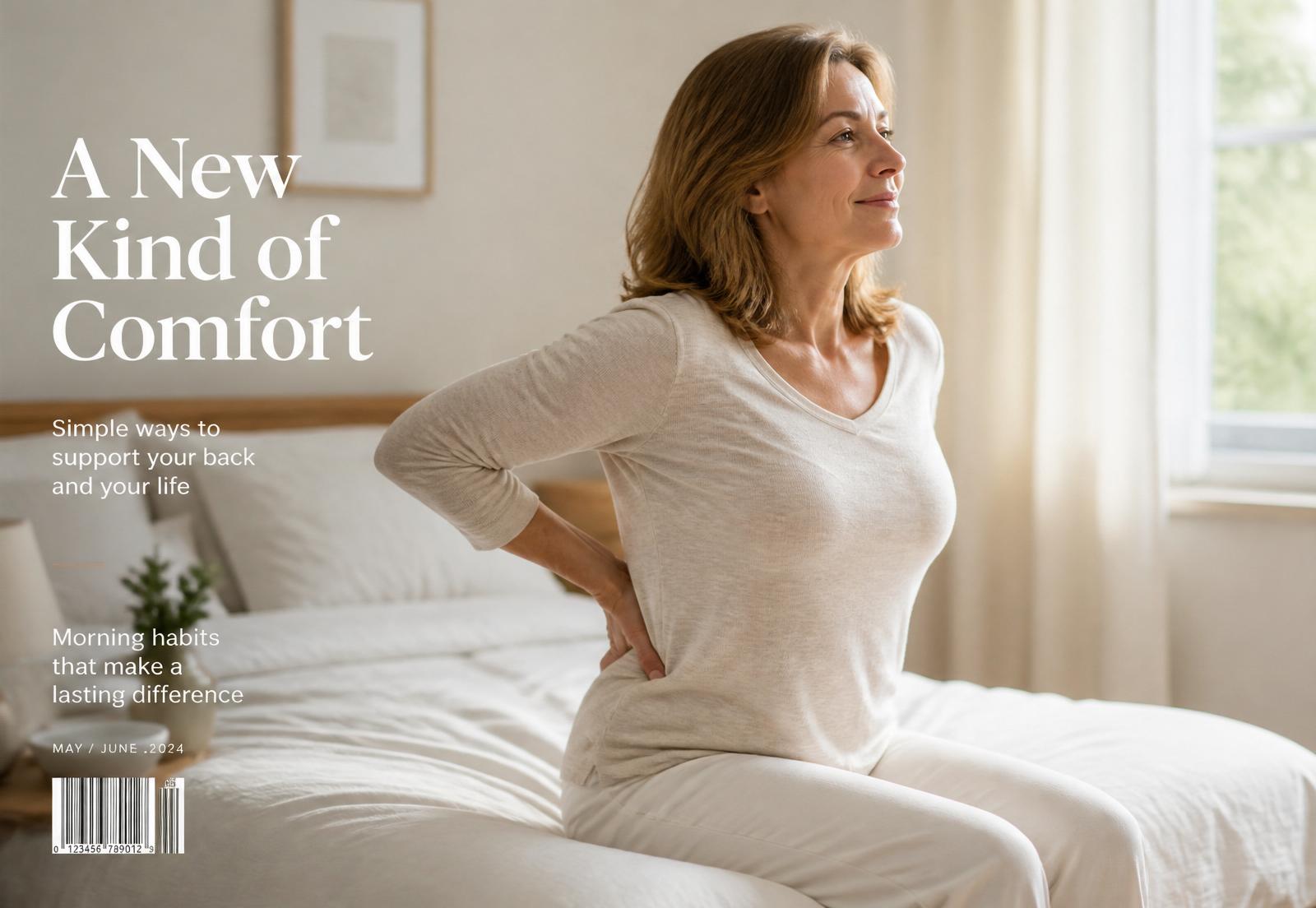 A woman sitting on the edge of her bed in morning light, hand on her lower back.